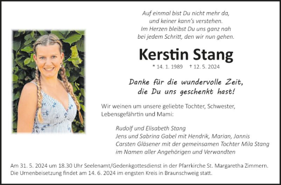 Traueranzeige von Kerstin Stang von Fränkische Nachrichten