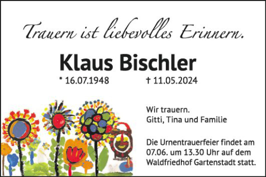 Traueranzeige von Klaus Bischler von Mannheimer Morgen
