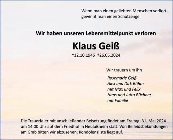 Traueranzeige von Klaus Geiß von Schwetzinger Zeitung