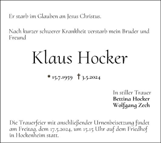 Traueranzeige von Klaus Hocker von Schwetzinger Zeitung