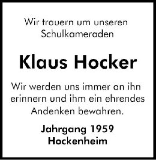 Traueranzeige von Klaus Hocker von Schwetzinger Zeitung