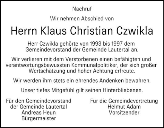 Traueranzeige von Klaus Christian Czwikla von Bergsträßer Anzeiger