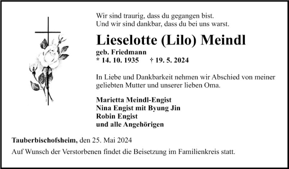  Traueranzeige für Lieselotte Meindl vom 25.05.2024 aus Fränkische Nachrichten