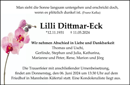 Traueranzeige von Lilli Dittmar-Eck von Mannheimer Morgen