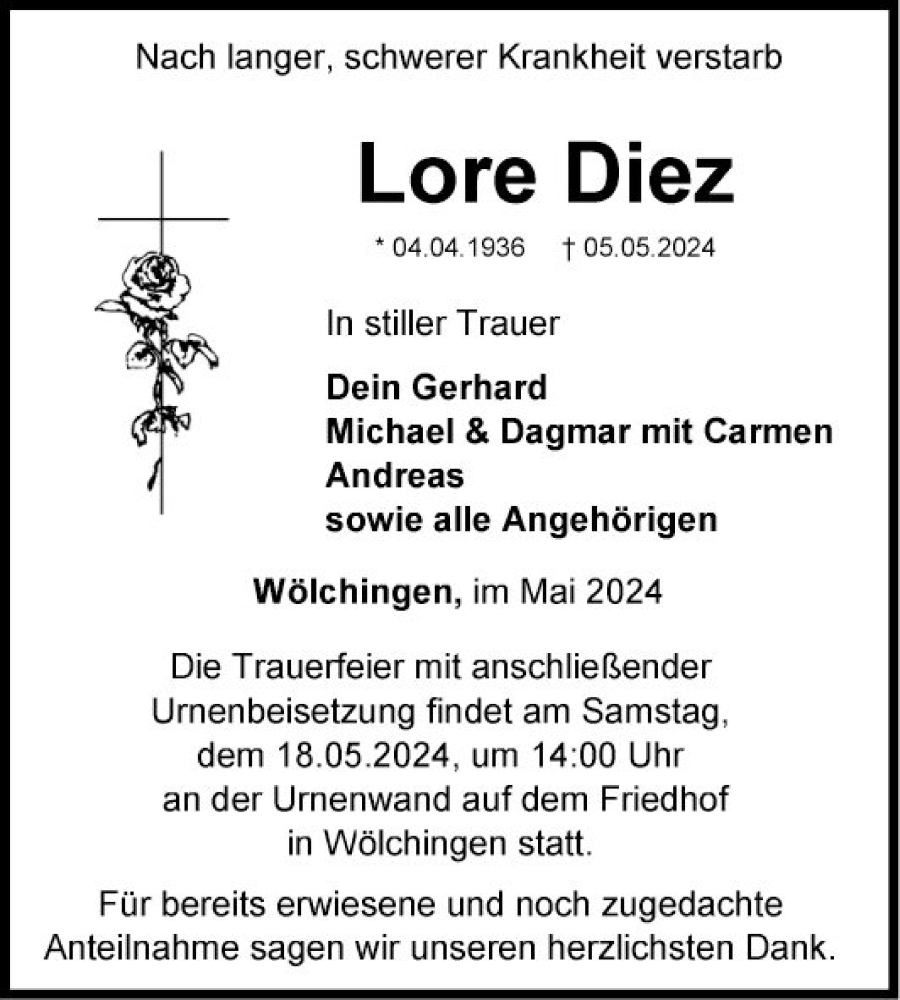  Traueranzeige für Lore Diez vom 16.05.2024 aus Fränkische Nachrichten