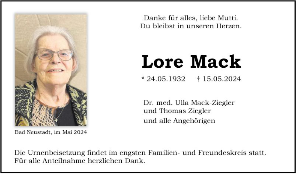  Traueranzeige für Lore Mack vom 25.05.2024 aus Fränkische Nachrichten
