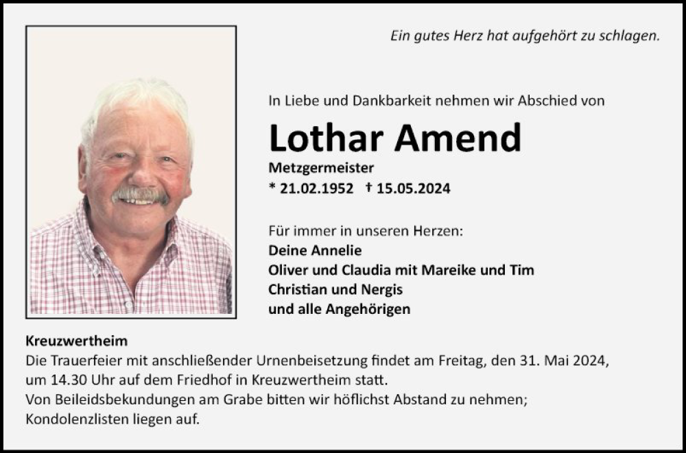  Traueranzeige für Lothar Amend vom 23.05.2024 aus Fränkische Nachrichten
