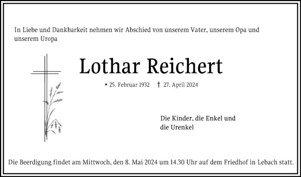  Traueranzeige für Lothar Reichert vom 04.05.2024 aus Schwetzinger Zeitung