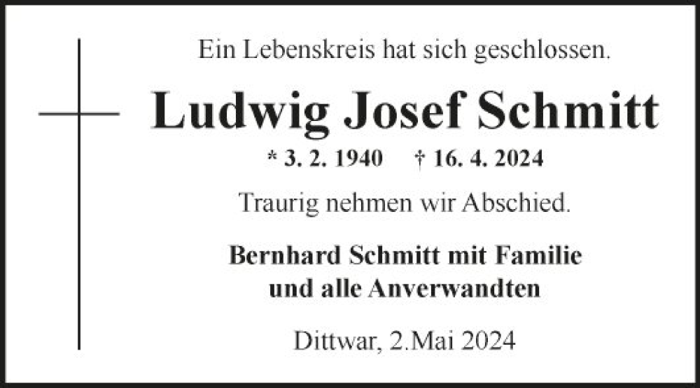  Traueranzeige für Ludwig Josef Schmitt vom 02.05.2024 aus Fränkische Nachrichten