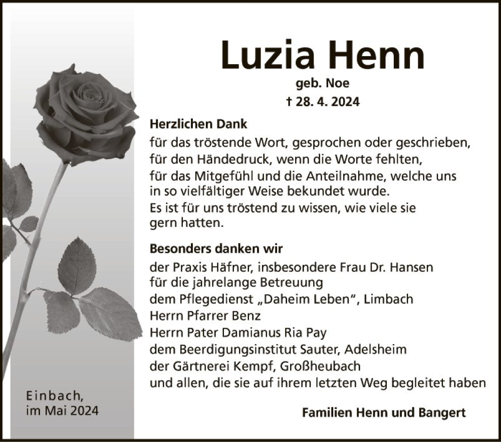  Traueranzeige für Luzia Henn vom 25.05.2024 aus Fränkische Nachrichten