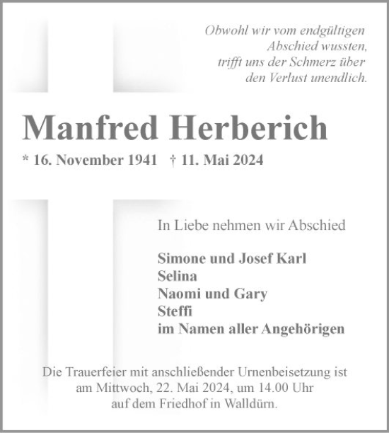 Traueranzeige von Manfred Herberich von Fränkische Nachrichten