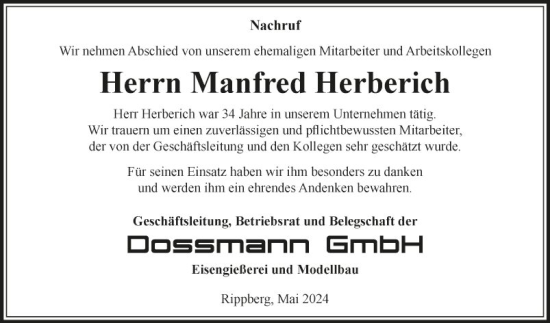 Traueranzeige von Manfred Herberich von Fränkische Nachrichten