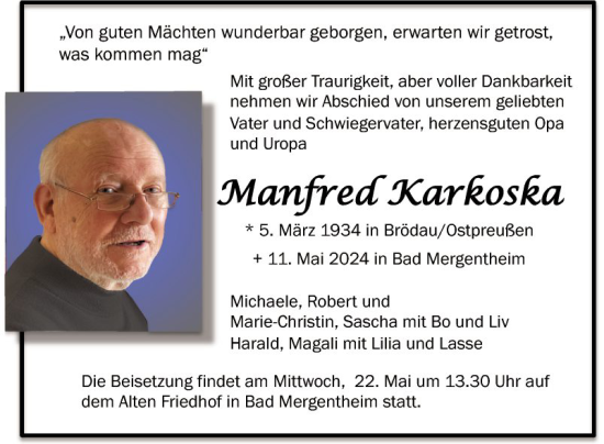 Traueranzeige von Manfred Karkoska von Fränkische Nachrichten