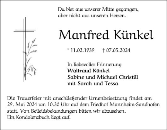 Traueranzeige von Manfred Künkel von Mannheimer Morgen