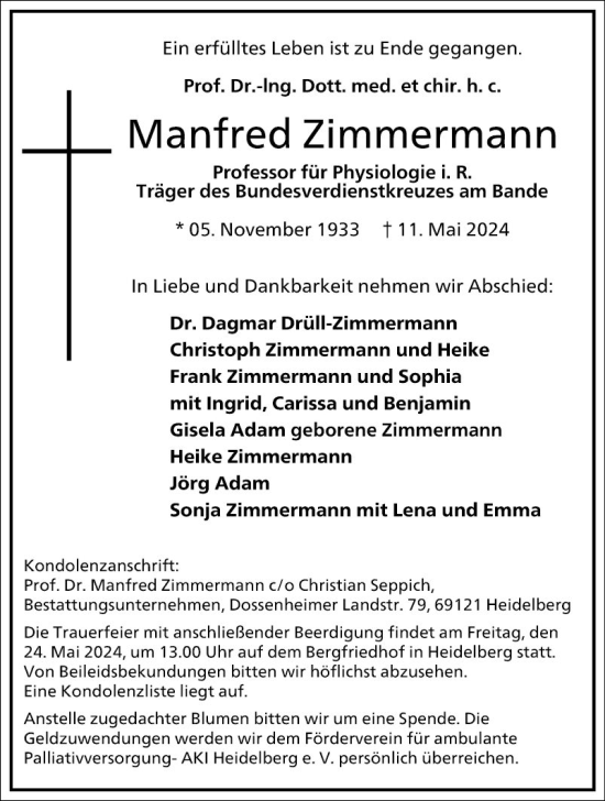 Traueranzeige von Manfred Zimmermann von Mannheimer Morgen