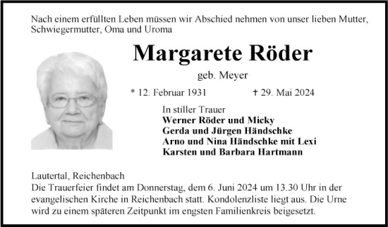 Traueranzeige von Margarete Röder von Bergsträßer Anzeiger