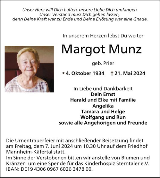 Traueranzeige von Margot Munz von Mannheimer Morgen