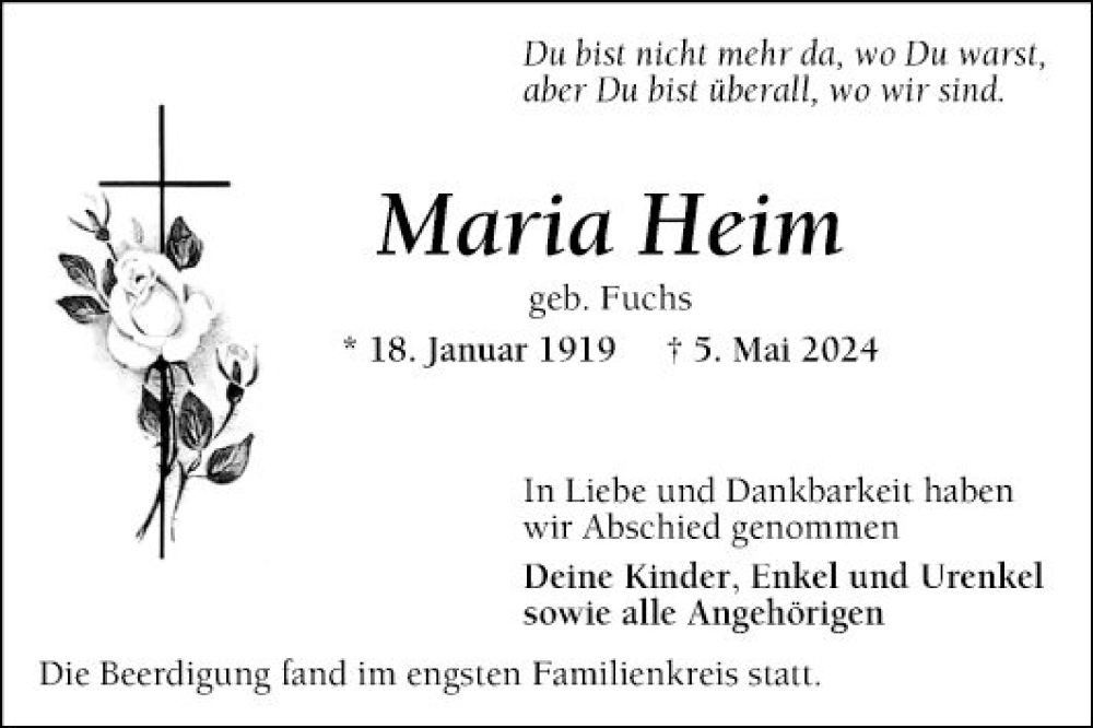  Traueranzeige für Maria Heim vom 18.05.2024 aus Mannheimer Morgen