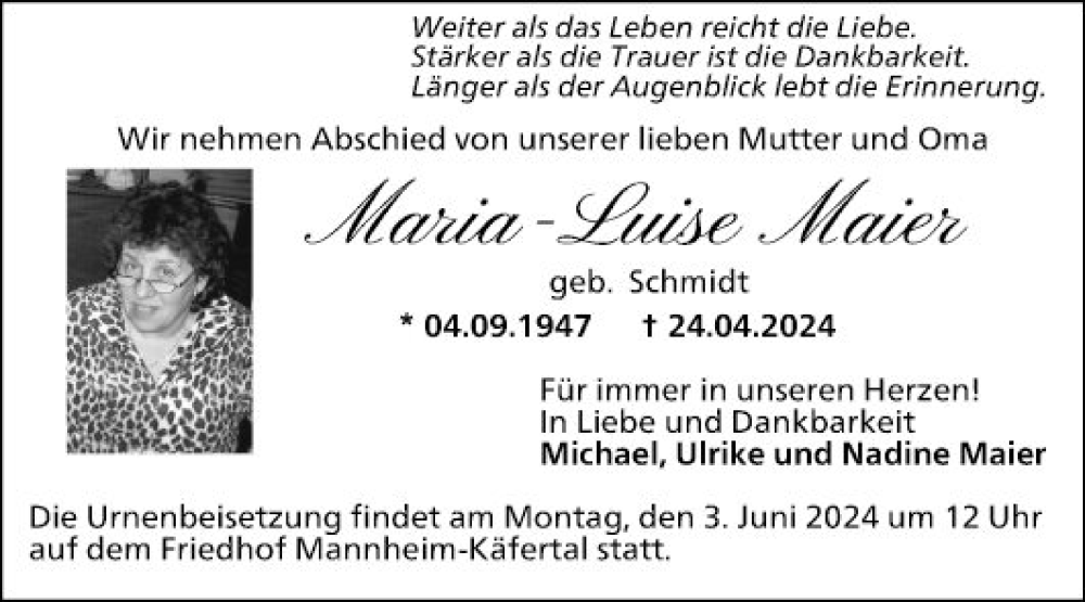  Traueranzeige für Maria-Luise Maier vom 25.05.2024 aus Mannheimer Morgen