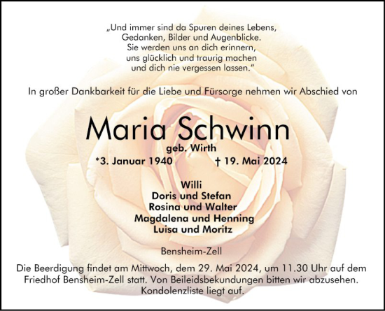 Traueranzeige von Maria Schwinn von Bergsträßer Anzeiger