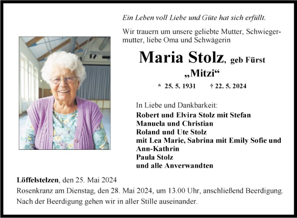  Traueranzeige für Maria Stolz vom 25.05.2024 aus Fränkische Nachrichten