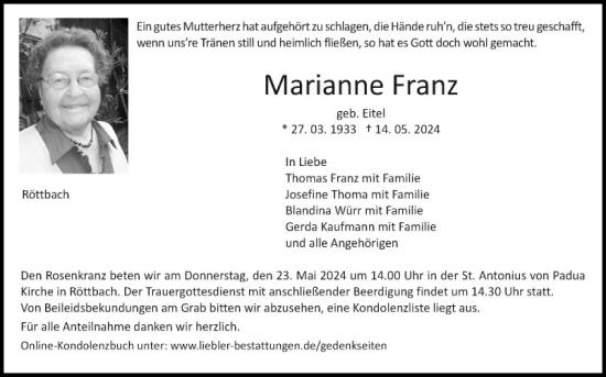 Traueranzeige von Marianne Franz von Fränkische Nachrichten