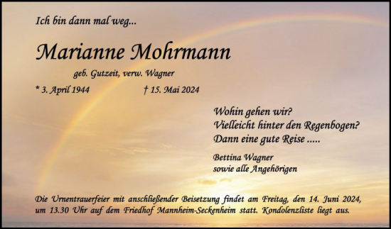 Traueranzeige von Marianne Mohrmann von Mannheimer Morgen