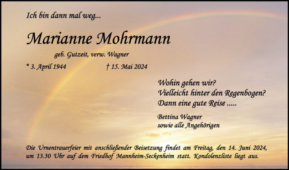  Traueranzeige für Marianne Mohrmann vom 01.06.2024 aus Mannheimer Morgen