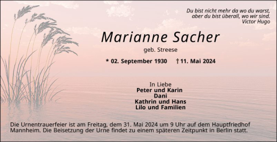 Traueranzeige von Marianne Sacher von Mannheimer Morgen