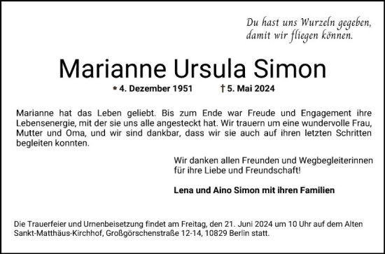 Traueranzeige von Marianne Ursula Simon von Bergsträßer Anzeiger