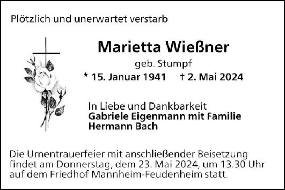  Traueranzeige für Marietta Wießner vom 11.05.2024 aus Mannheimer Morgen