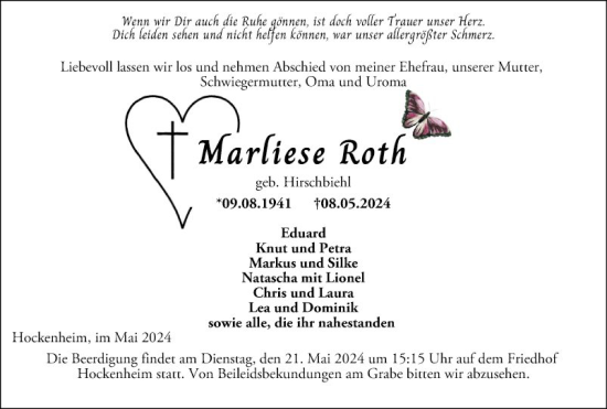 Traueranzeige von Marliese Roth von Schwetzinger Zeitung