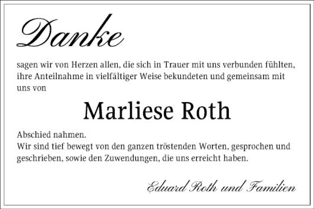 Traueranzeige für Marliese Roth vom 29.05.2024 aus Schwetzinger Zeitung