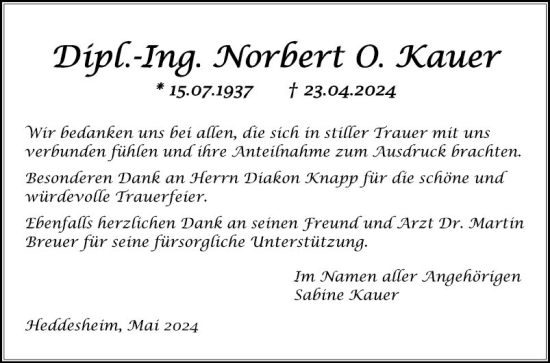 Traueranzeige von Norbert Kauer von Mannheimer Morgen