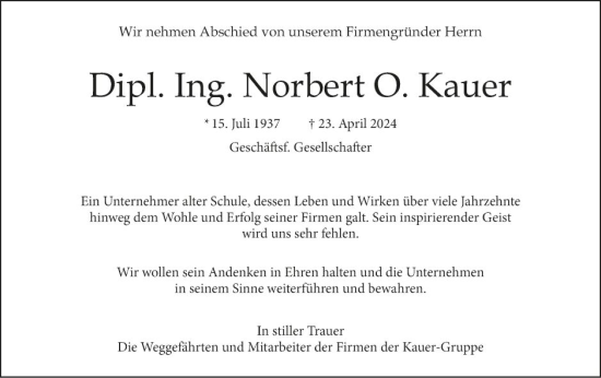 Traueranzeige von Norbert O. Kauer von Mannheimer Morgen