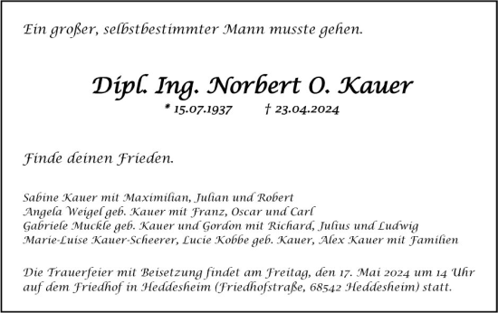 Traueranzeige von Norbert O. Kauer von Mannheimer Morgen