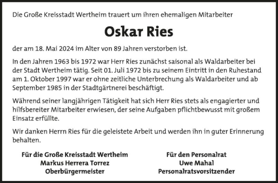 Traueranzeige von Oskar Ries von Fränkische Nachrichten