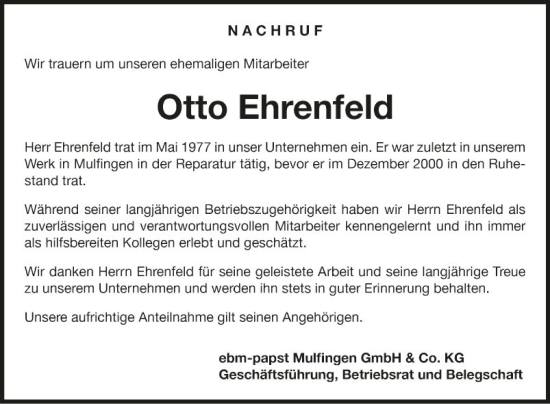 Traueranzeige von Otto Ehrenfeld von Fränkische Nachrichten
