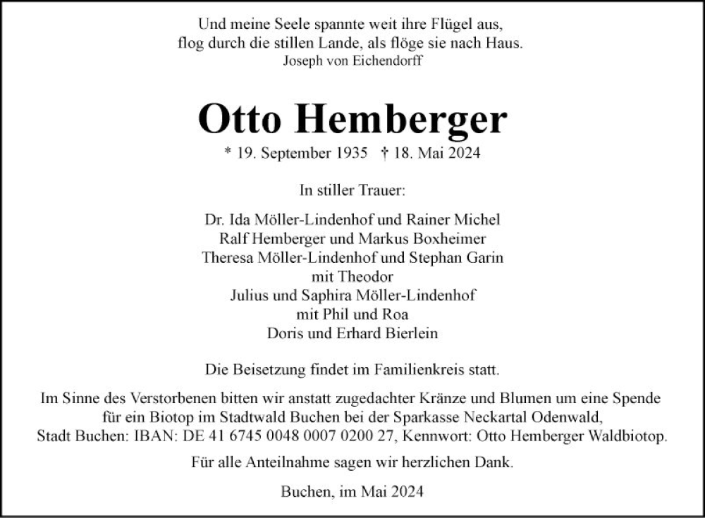  Traueranzeige für Otto Hemberger vom 23.05.2024 aus Fränkische Nachrichten