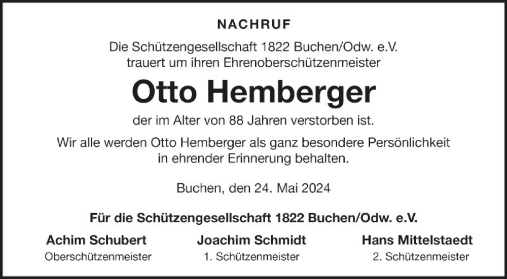  Traueranzeige für Otto Hemberger vom 24.05.2024 aus Fränkische Nachrichten