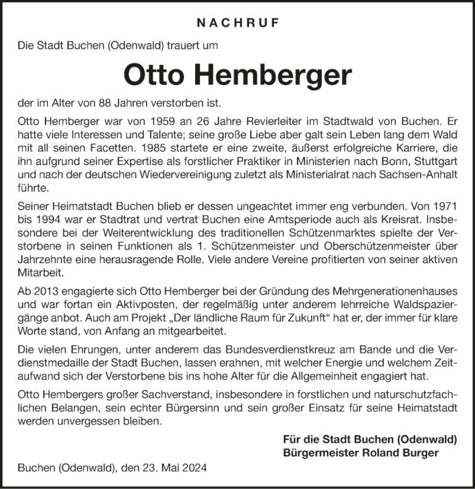  Traueranzeige für Otto Hemberger vom 24.05.2024 aus Fränkische Nachrichten