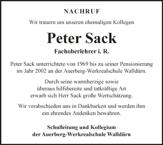 Traueranzeige von Peter Sack von Fränkische Nachrichten