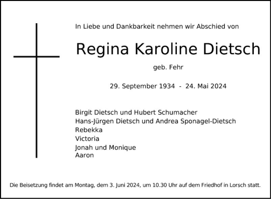 Traueranzeige von Regina  Dietsch von Bergsträßer Anzeiger