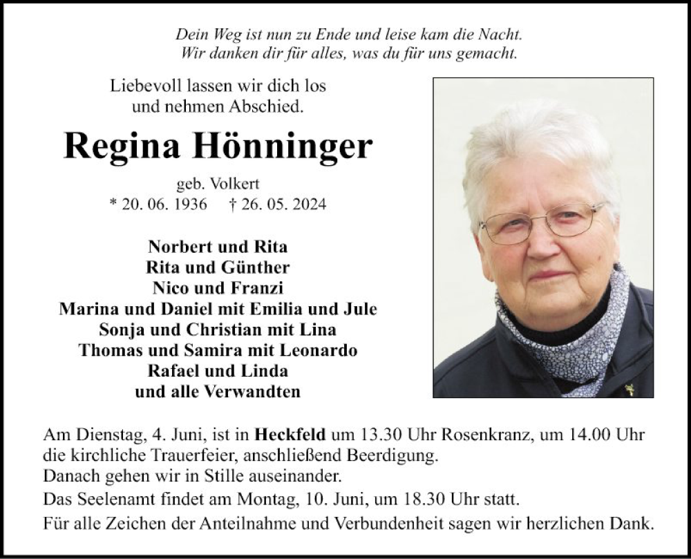  Traueranzeige für Regina Hönninger vom 01.06.2024 aus Fränkische Nachrichten
