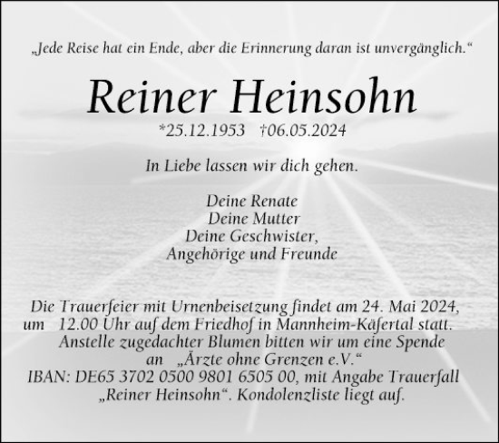 Traueranzeige von Reiner Heinsohn von Mannheimer Morgen