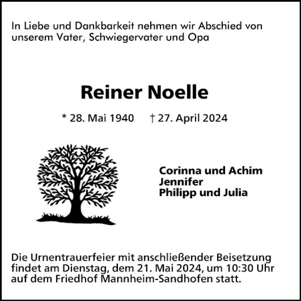  Traueranzeige für Reiner Noelle vom 11.05.2024 aus Mannheimer Morgen