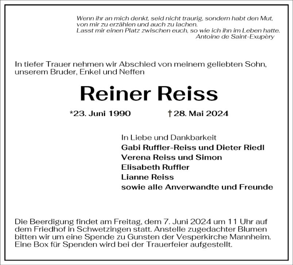 Traueranzeige für Reiner Reiss vom 01.06.2024 aus Schwetzinger Zeitung