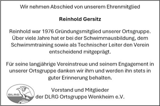 Traueranzeige von Reinhold Gersitz von Fränkische Nachrichten