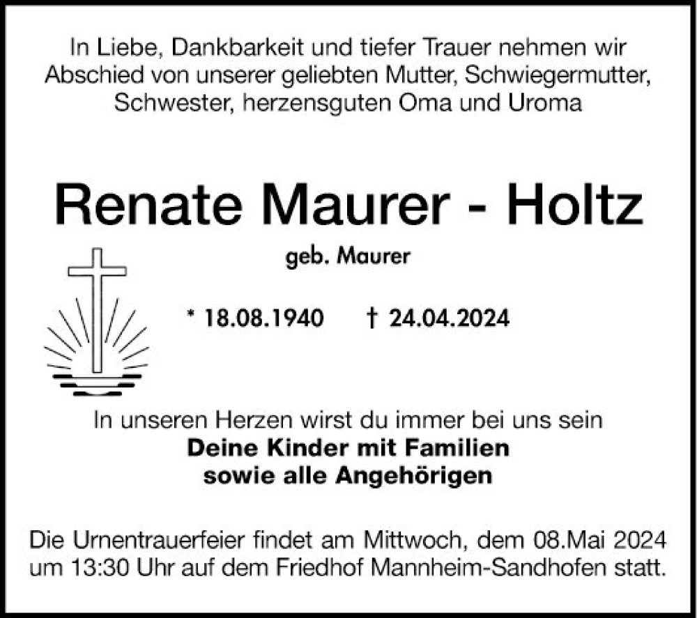  Traueranzeige für Renate Maurer-Holtz vom 04.05.2024 aus Mannheimer Morgen