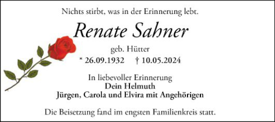 Traueranzeige von Renate Sahner von Mannheimer Morgen